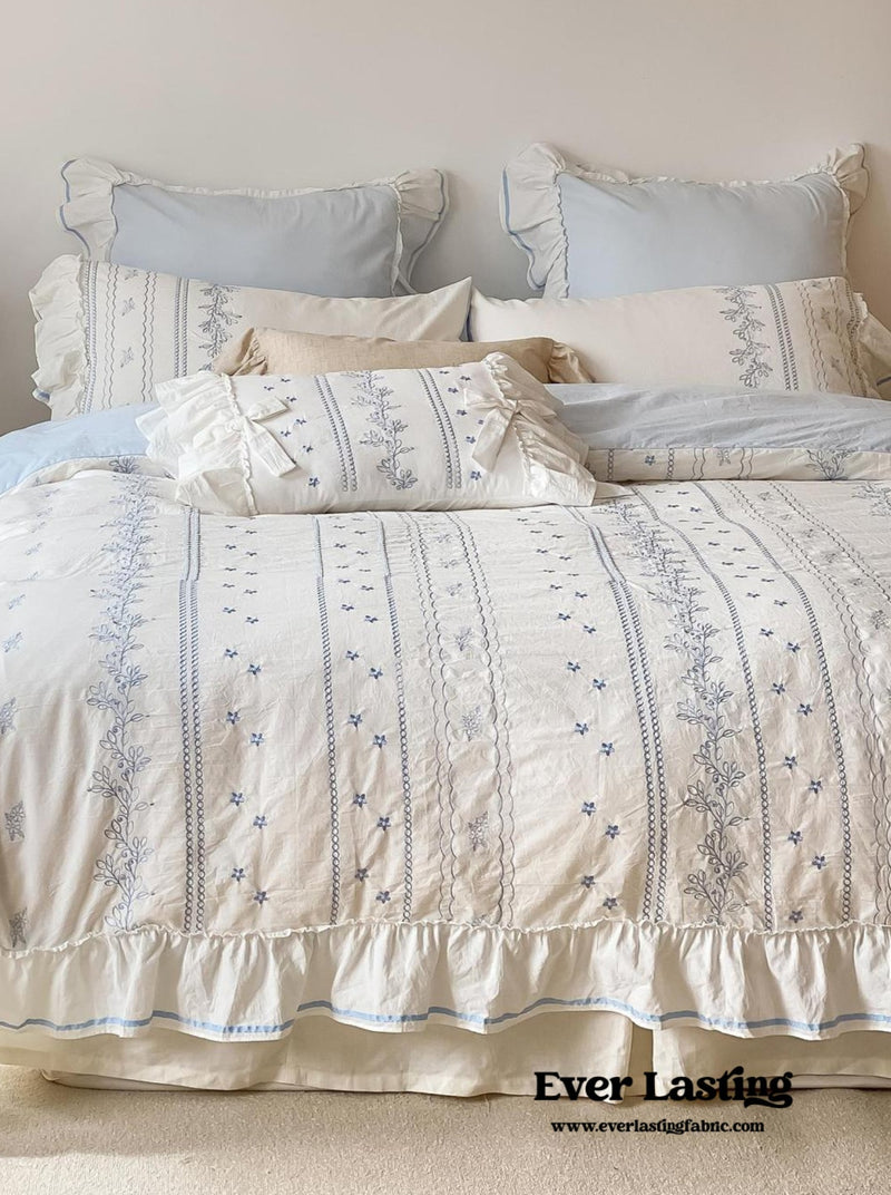 Embroidered French Lace Ruffle Bedding Set / Blue