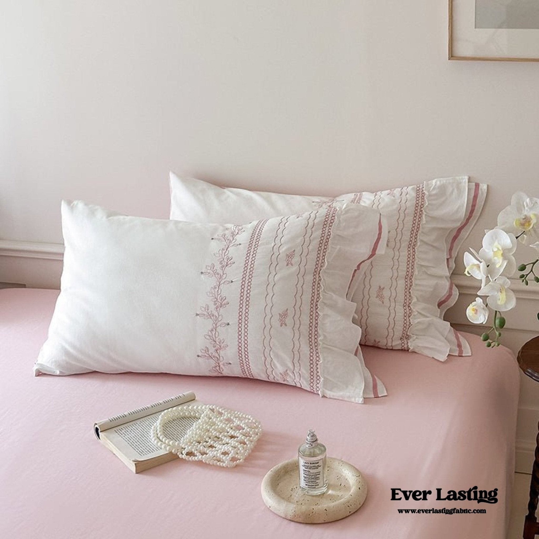 Embroidered French Lace Ruffle Pillowcases / Blue - Ever Lasting