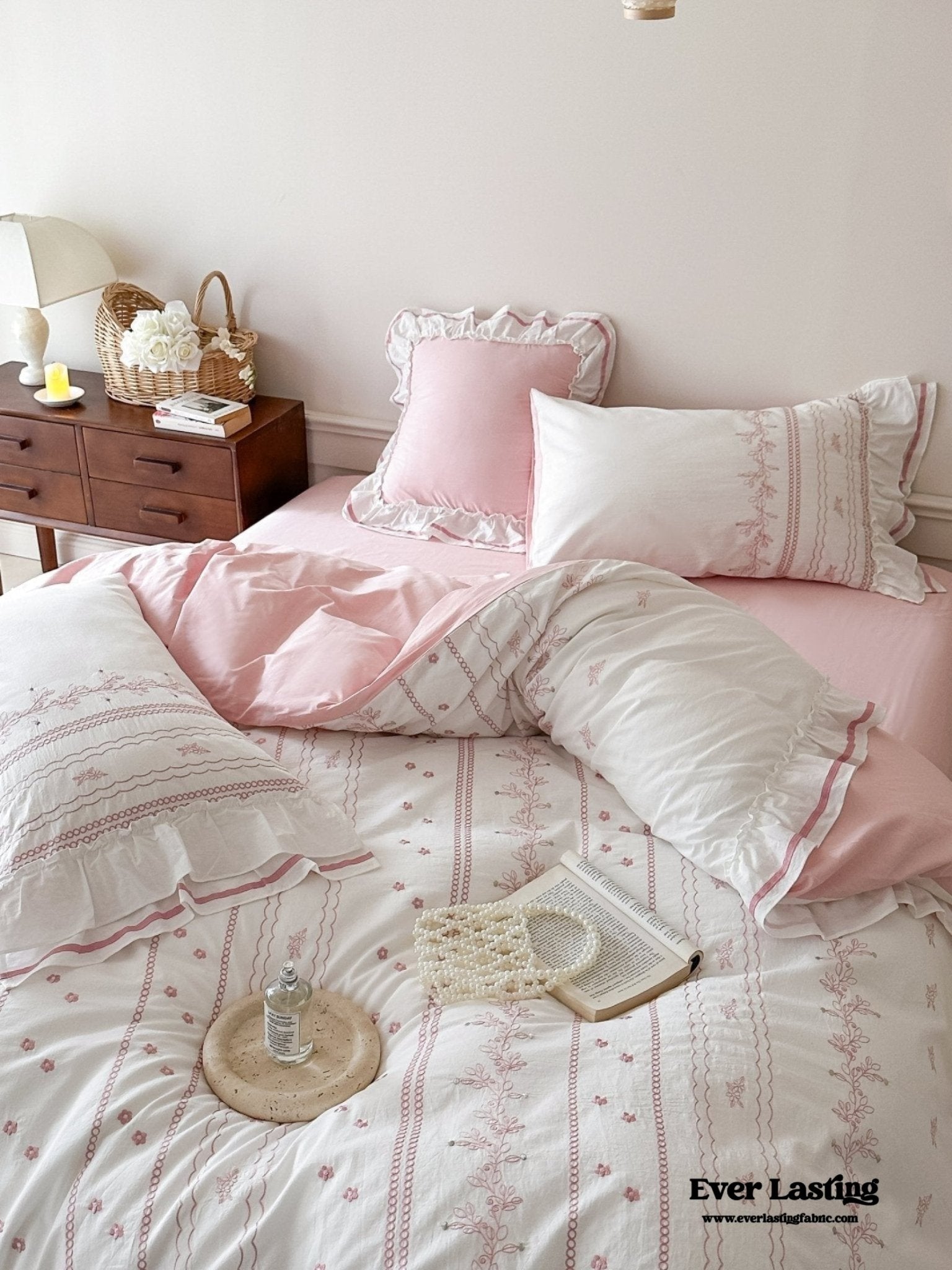 Embroidered French Lace Ruffle Pillowcases / Blue - Ever Lasting