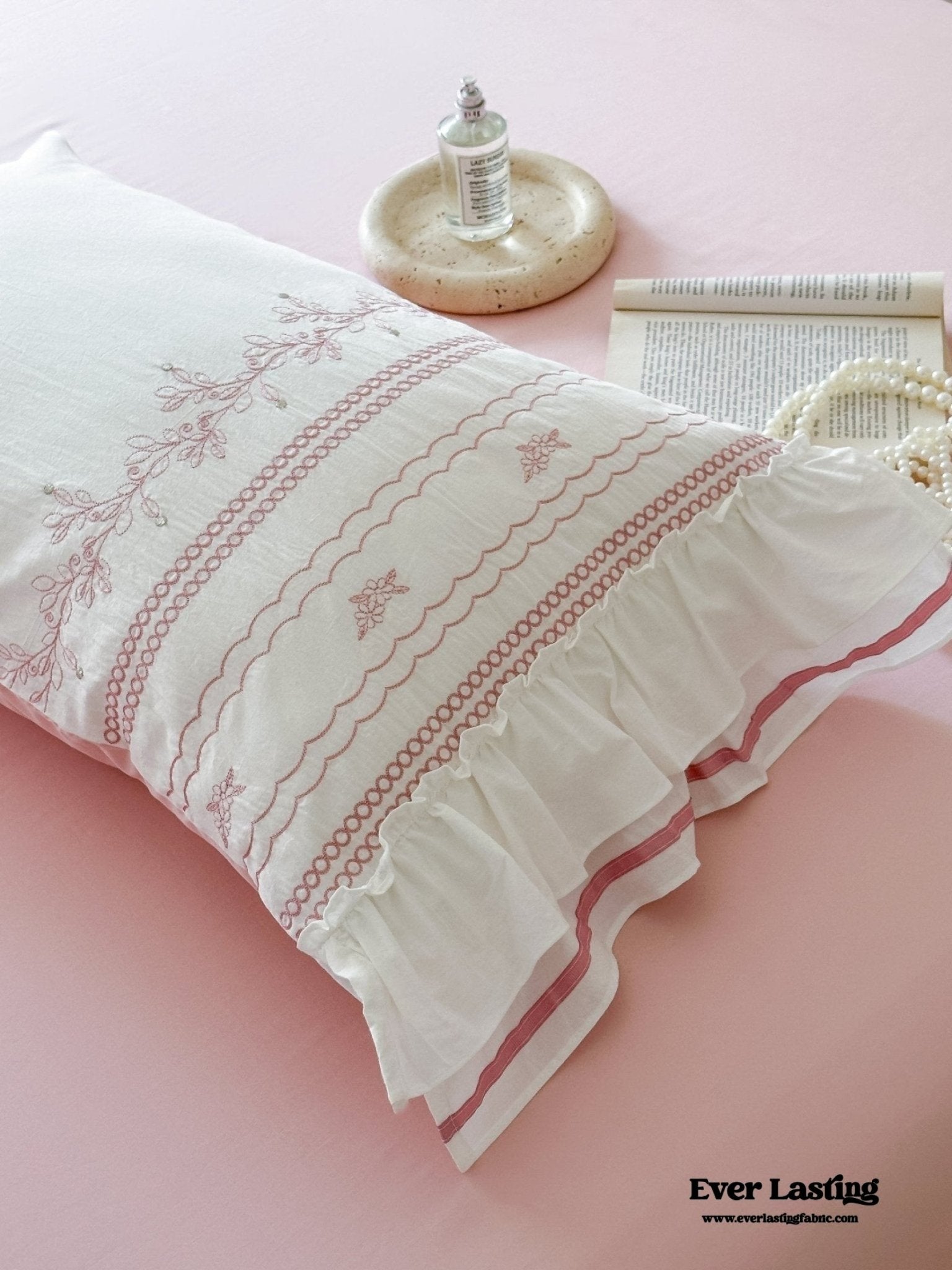 Embroidered French Lace Ruffle Pillowcases / Blue - Ever Lasting