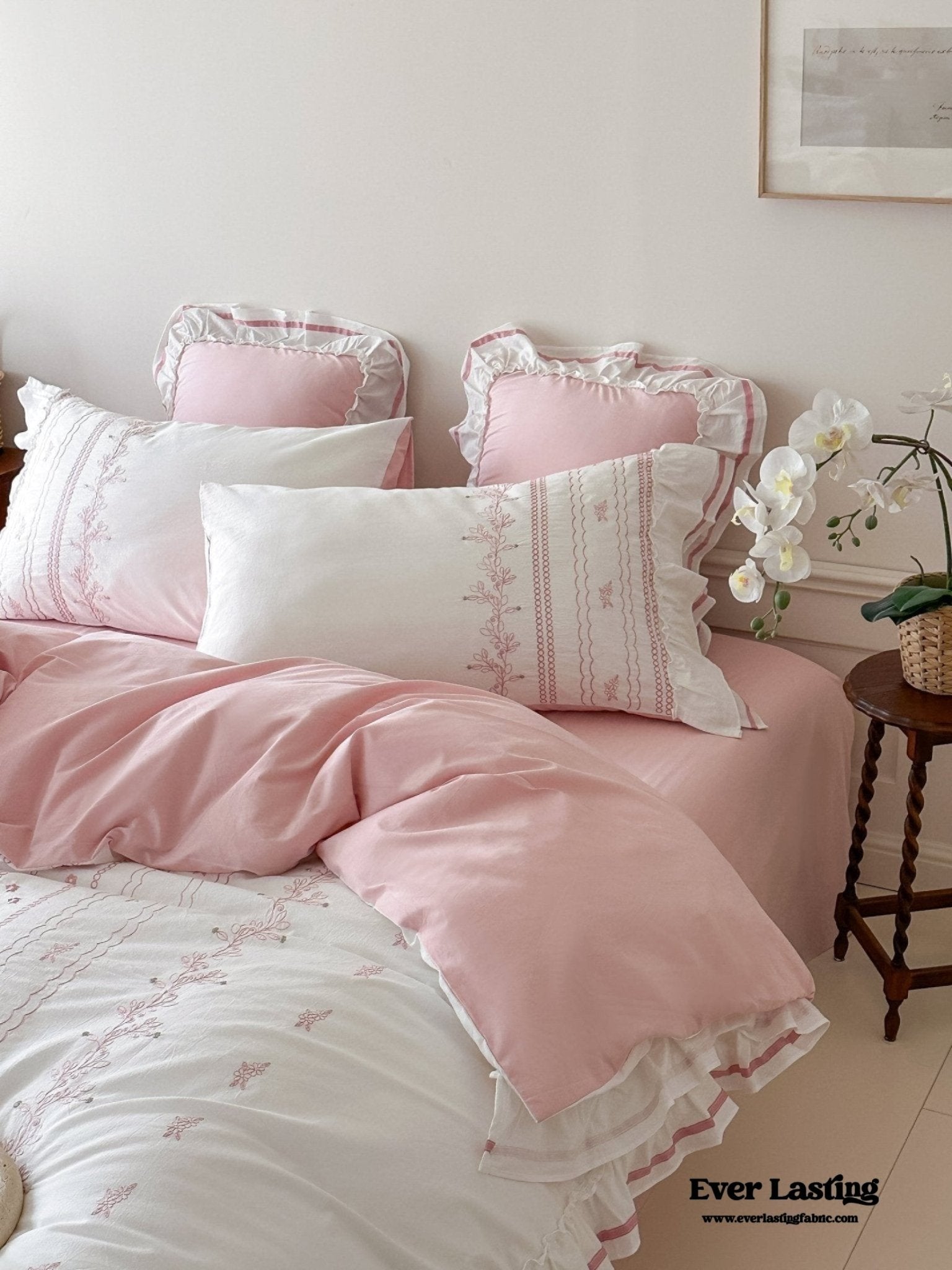 Embroidered French Lace Ruffle Pillowcases / Blue - Ever Lasting