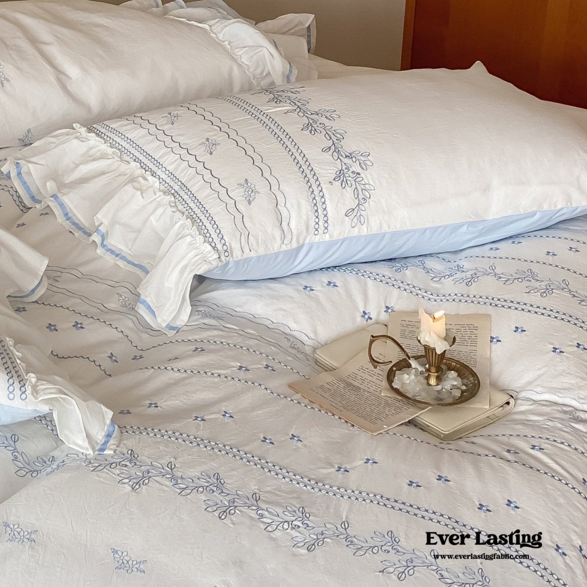 Embroidered French Lace Ruffle Pillowcases / Blue - Ever Lasting