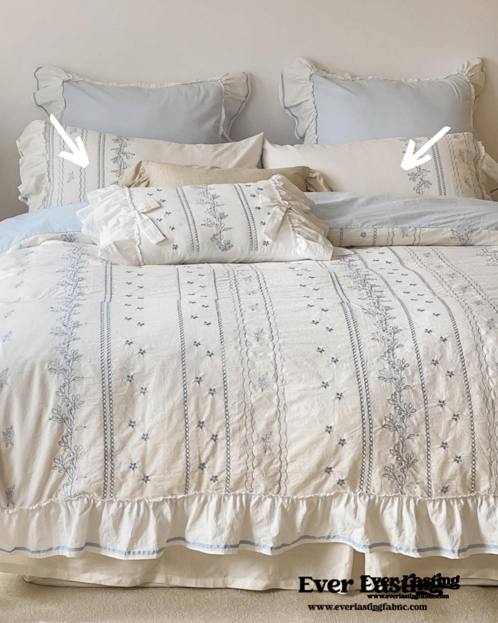 Embroidered French Lace Ruffle Pillowcases / Blue - Ever Lasting