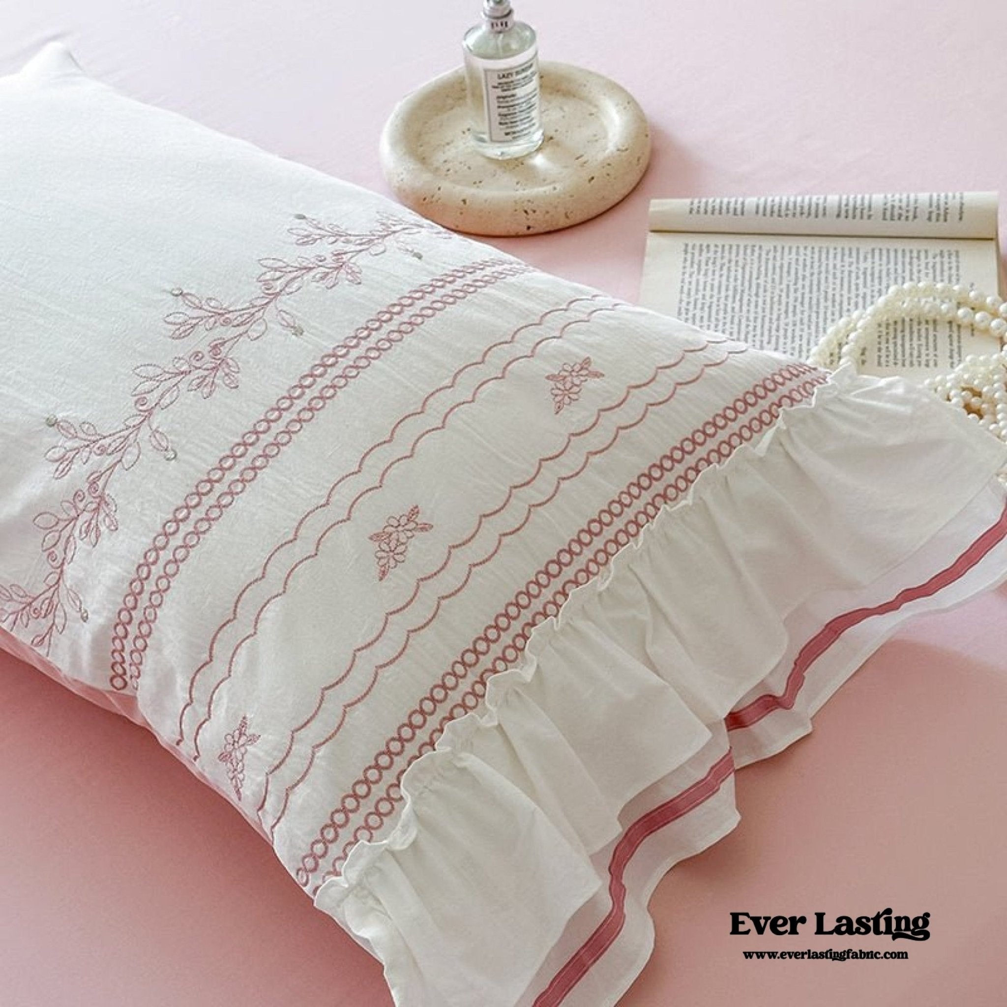 Embroidered French Lace Ruffle Pillowcases / Blue - Ever Lasting