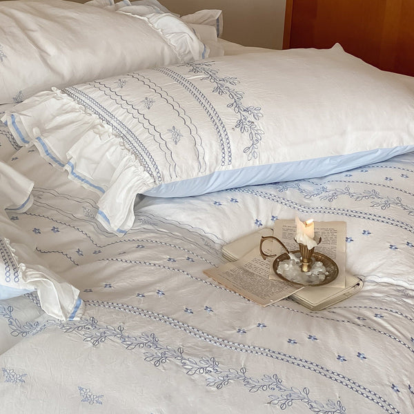 Embroidered French Lace Ruffle Pillowcases / Blue Set Of