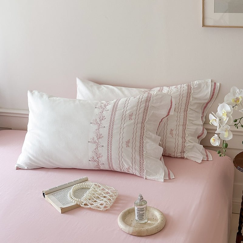 Embroidered French Lace Ruffle Pillowcases / Pink - Ever Lasting