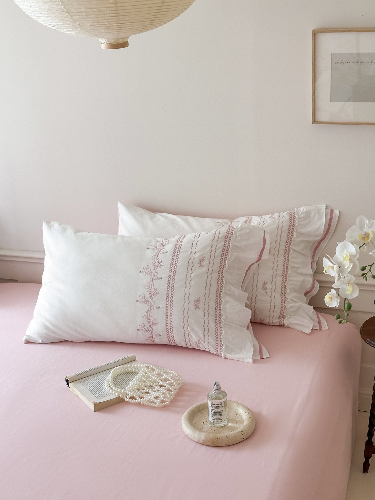 Embroidered French Lace Ruffle Pillowcases / Pink - Ever Lasting