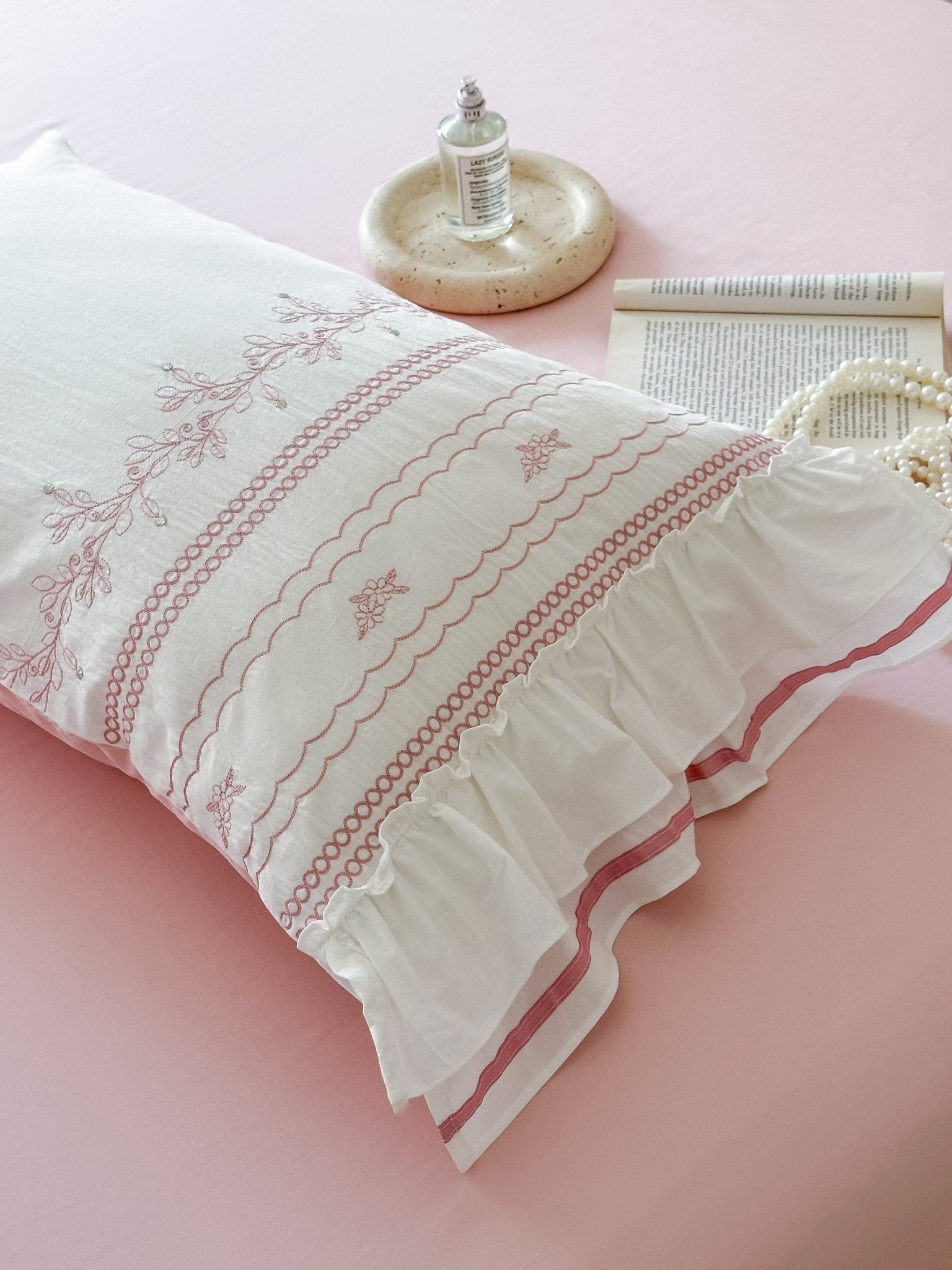 Embroidered French Lace Ruffle Pillowcases / Pink - Ever Lasting
