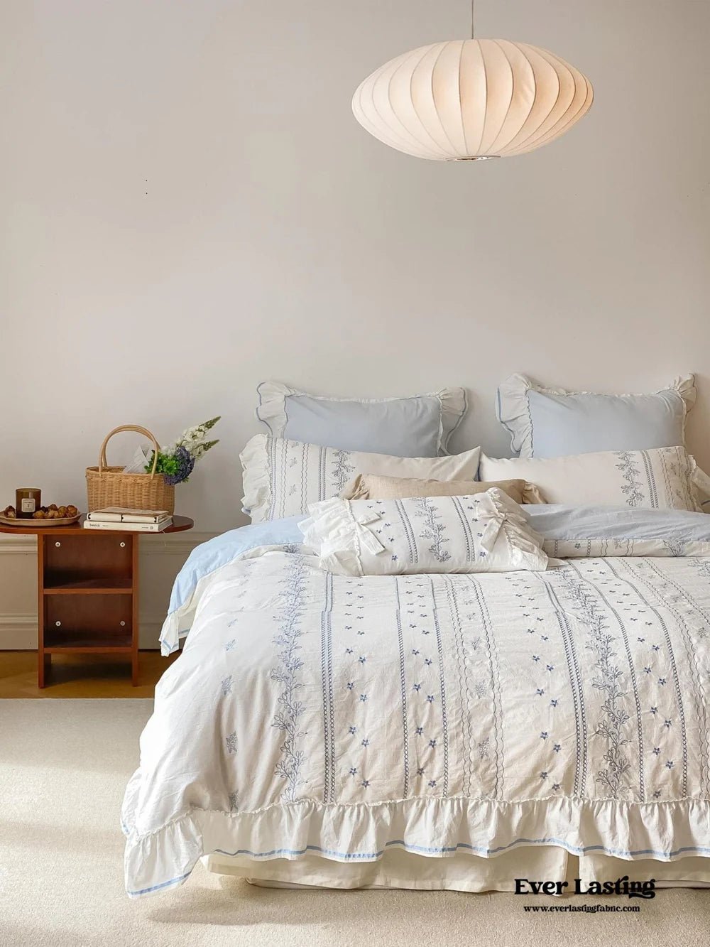  - Ever Lasting - Embroidered French Lace Ruffle Small Room Bedding Set / Blue - Bedding Set - Ever Lasting