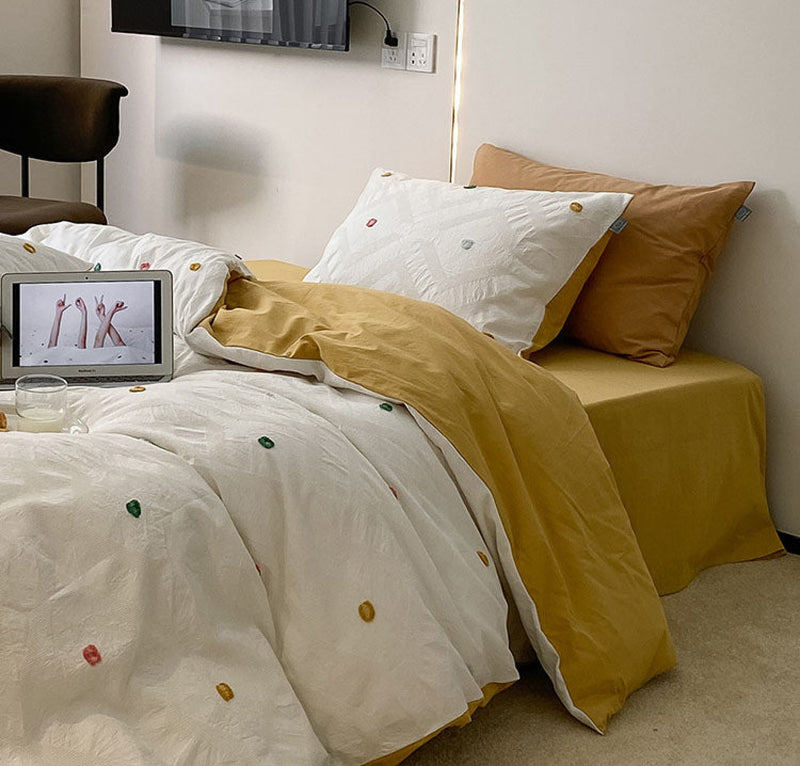 Embroidered Jacquard Polka Dotted Bedding Bundle Yellow / Small Fitted