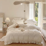 Embroidered Lace Ruffle Bedding Bundle White / Medium Fitted