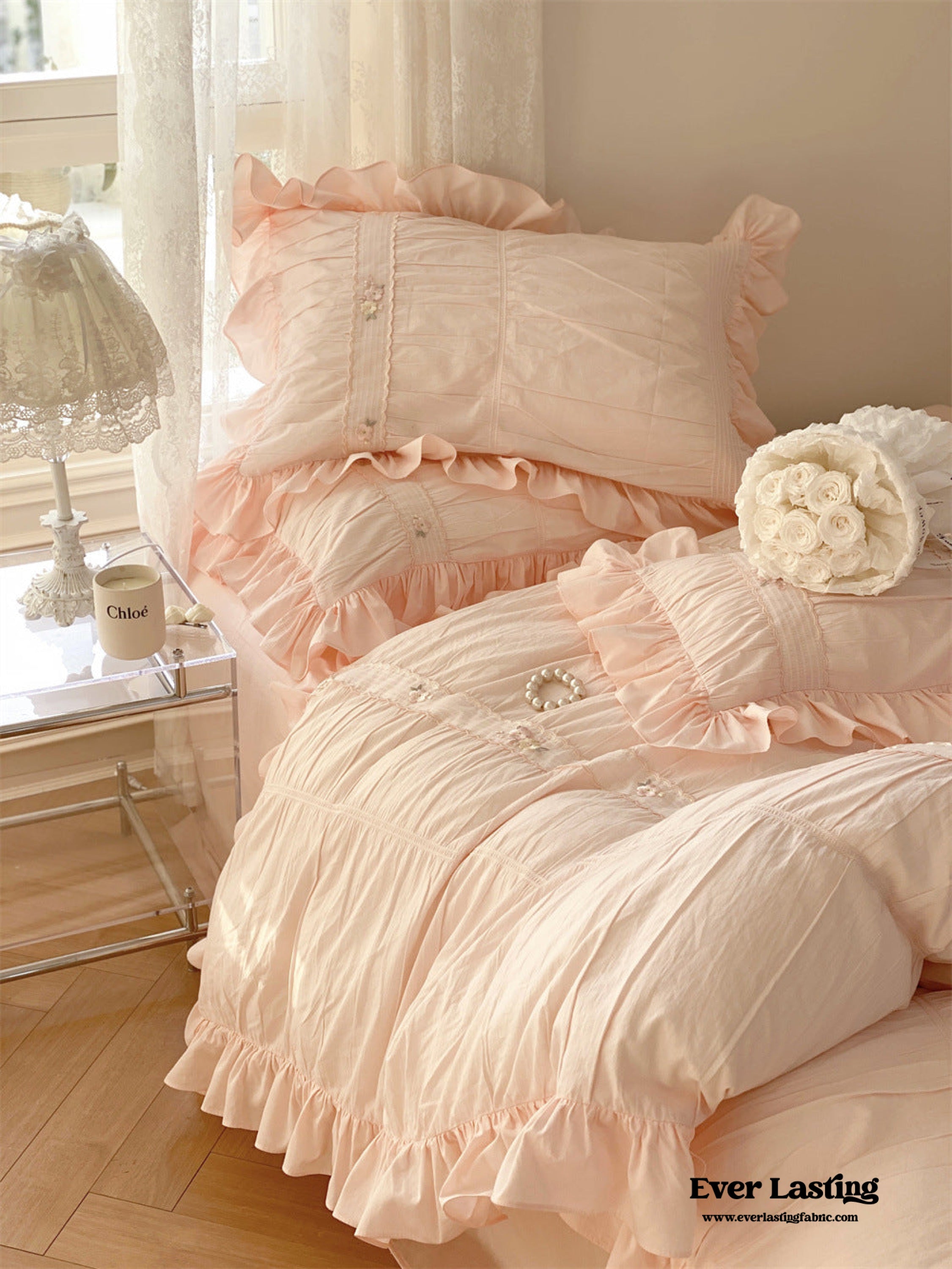 Embroidered Lace Ruffle Bedding Set / White | Best Stylish Bedding ...
