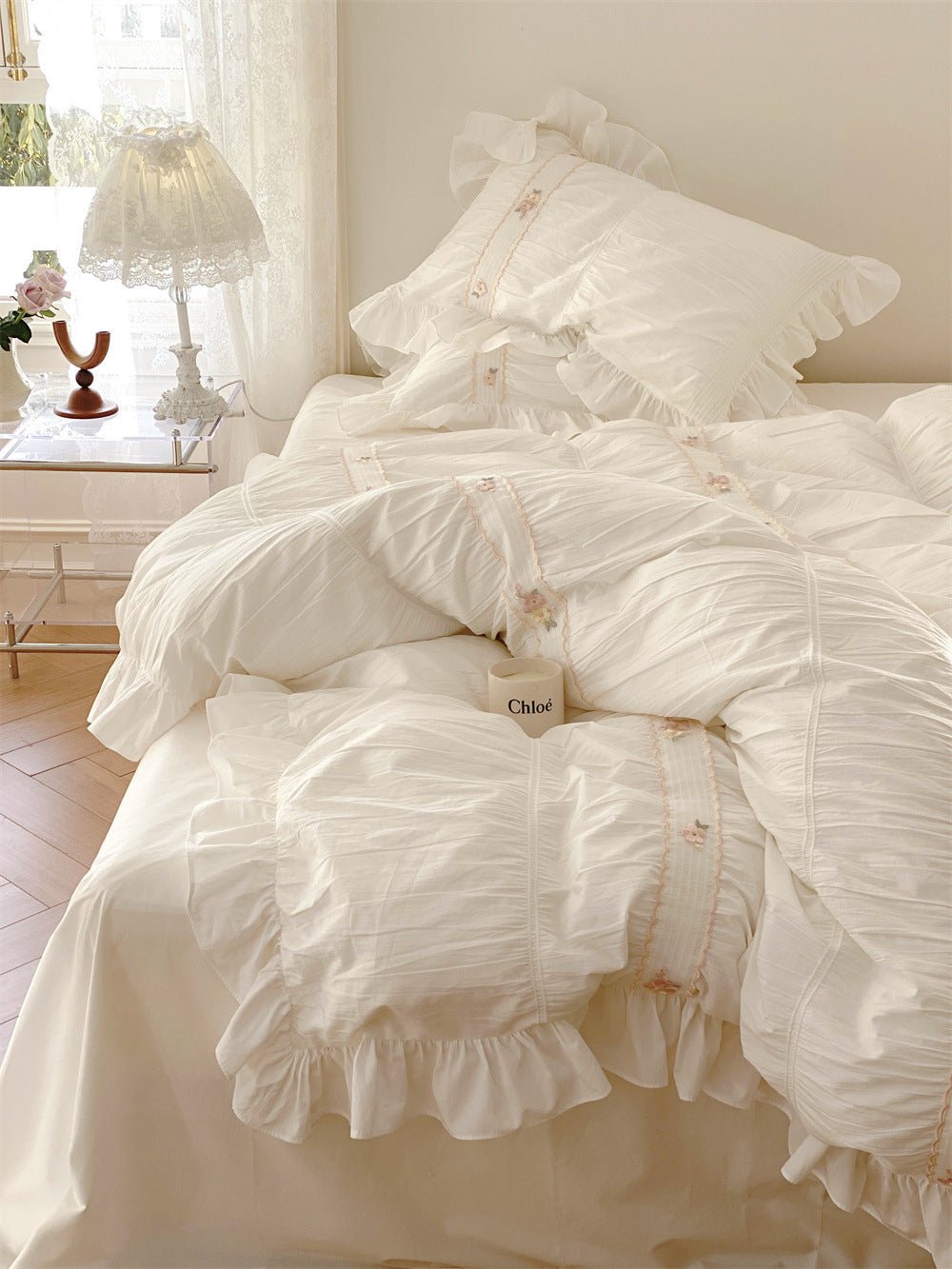  - Ever Lasting - Embroidered Lace Ruffle Bedding Set / White - Bedding Set - Ever Lasting