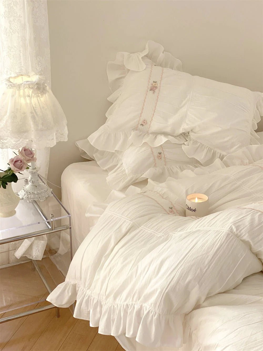  - Ever Lasting - Embroidered Lace Ruffle Small Room Bedding Set / White - Bedding Set - Ever Lasting