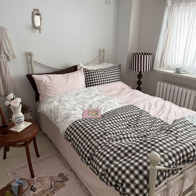 Emi Patchwork Gingham Bedding Set / Soft Mocha Pink - Ever Lasting