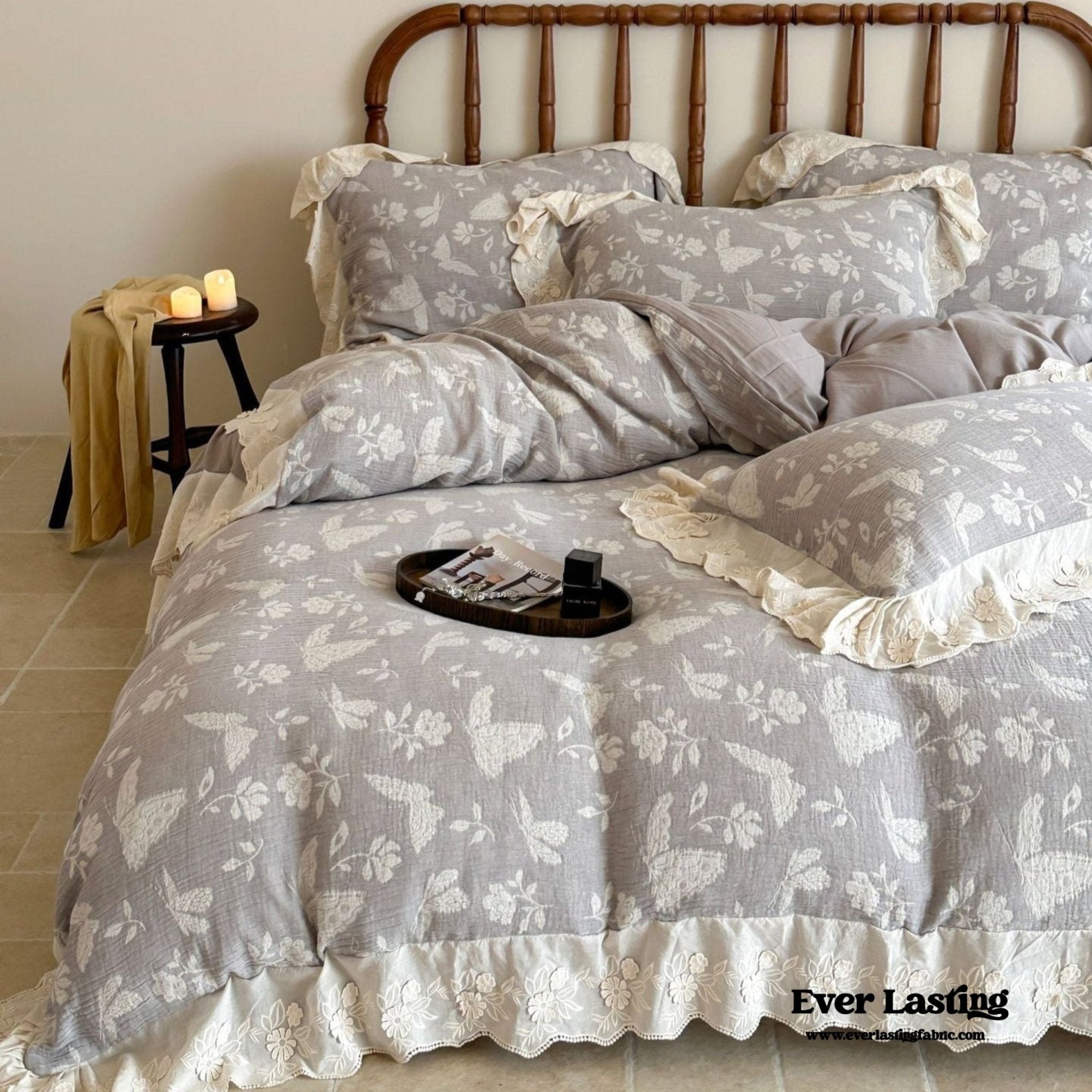 Emmeline Lace Ruffle Floral Bedding Set / White - Ever Lasting