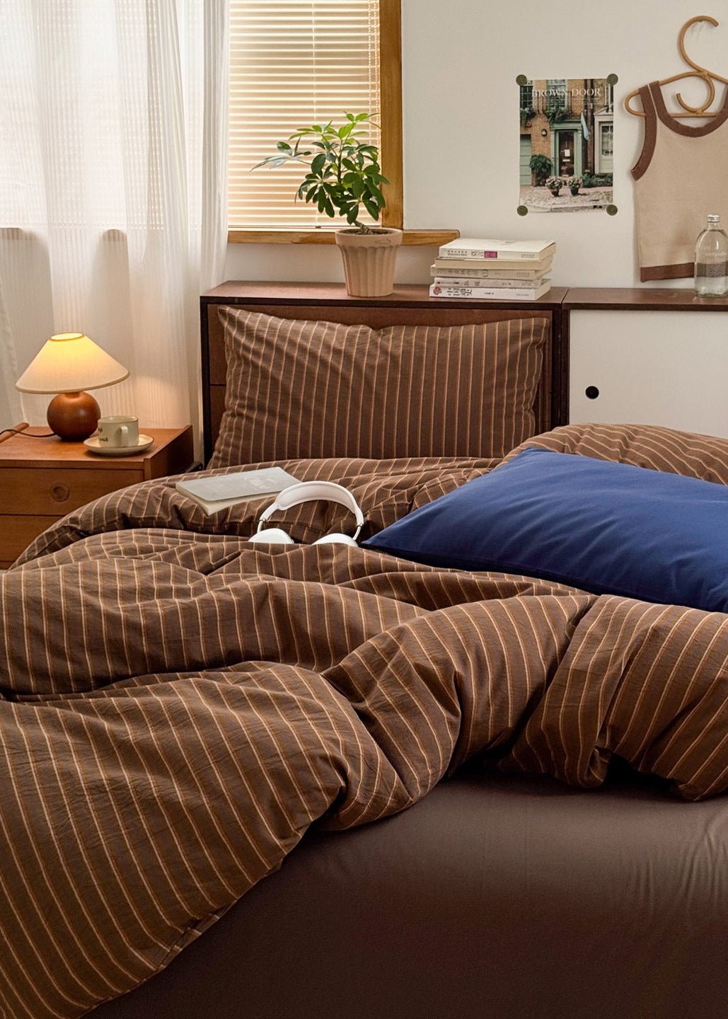  - Ever Lasting - Everly Striped Washed Cotton Bedding Set / Brown - Bedding Set - Ever Lasting