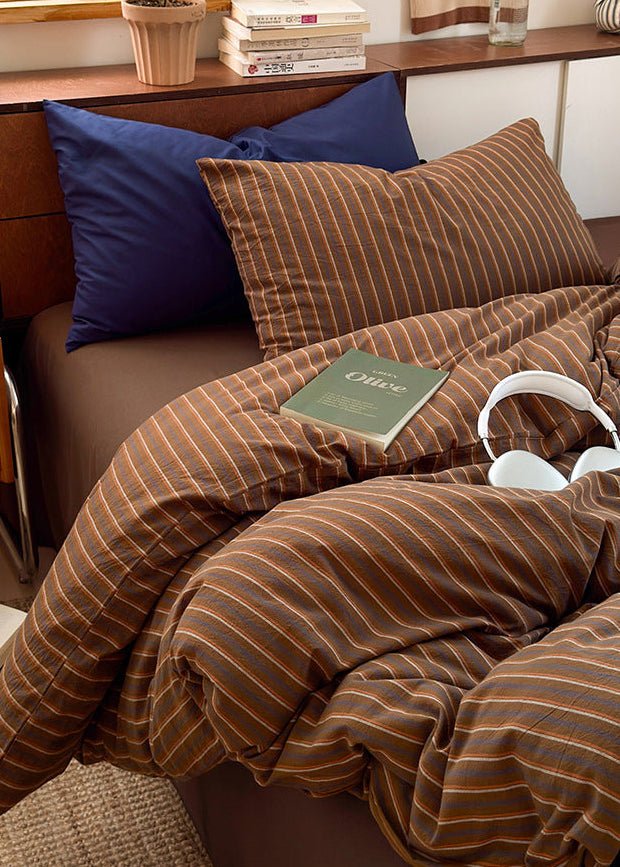  - Ever Lasting - Everly Striped Washed Cotton Bedding Set / Brown - Bedding Set - Ever Lasting