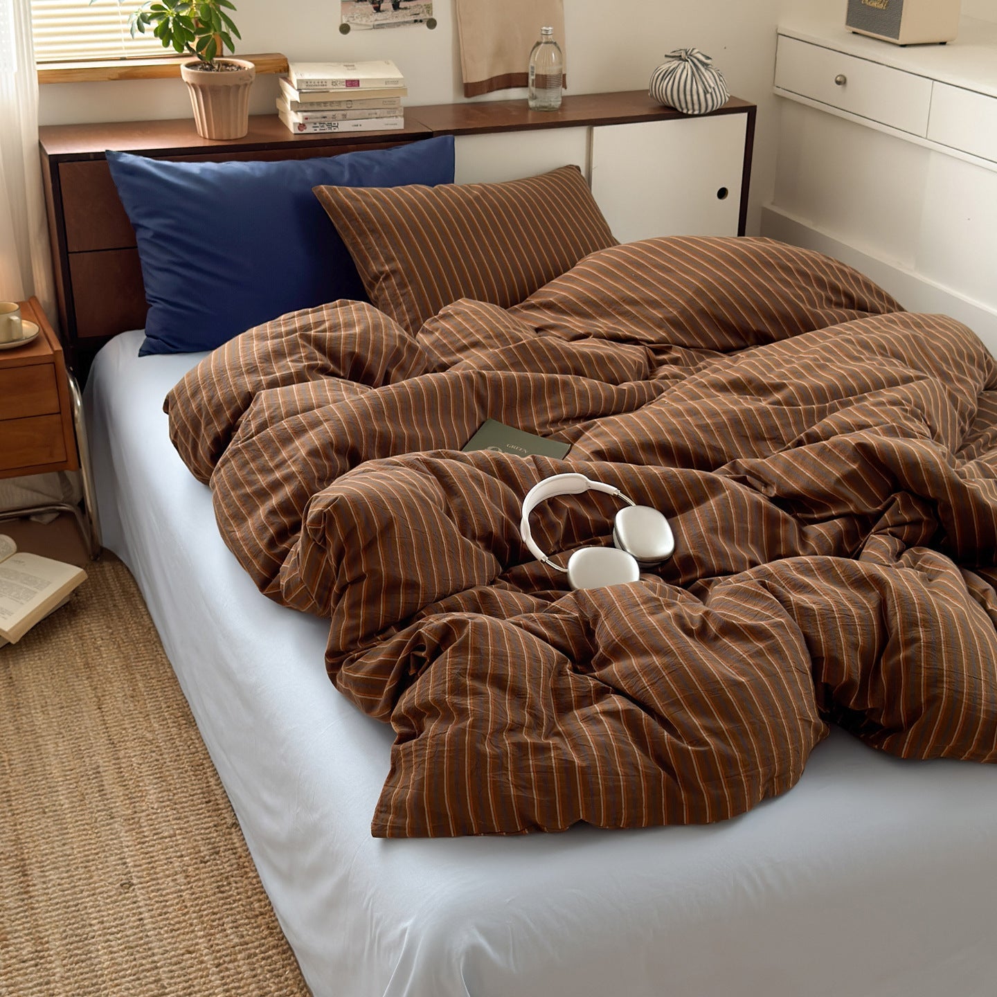  - Ever Lasting - Everly Striped Washed Cotton Bedding Set / Brown - Bedding Set - Ever Lasting