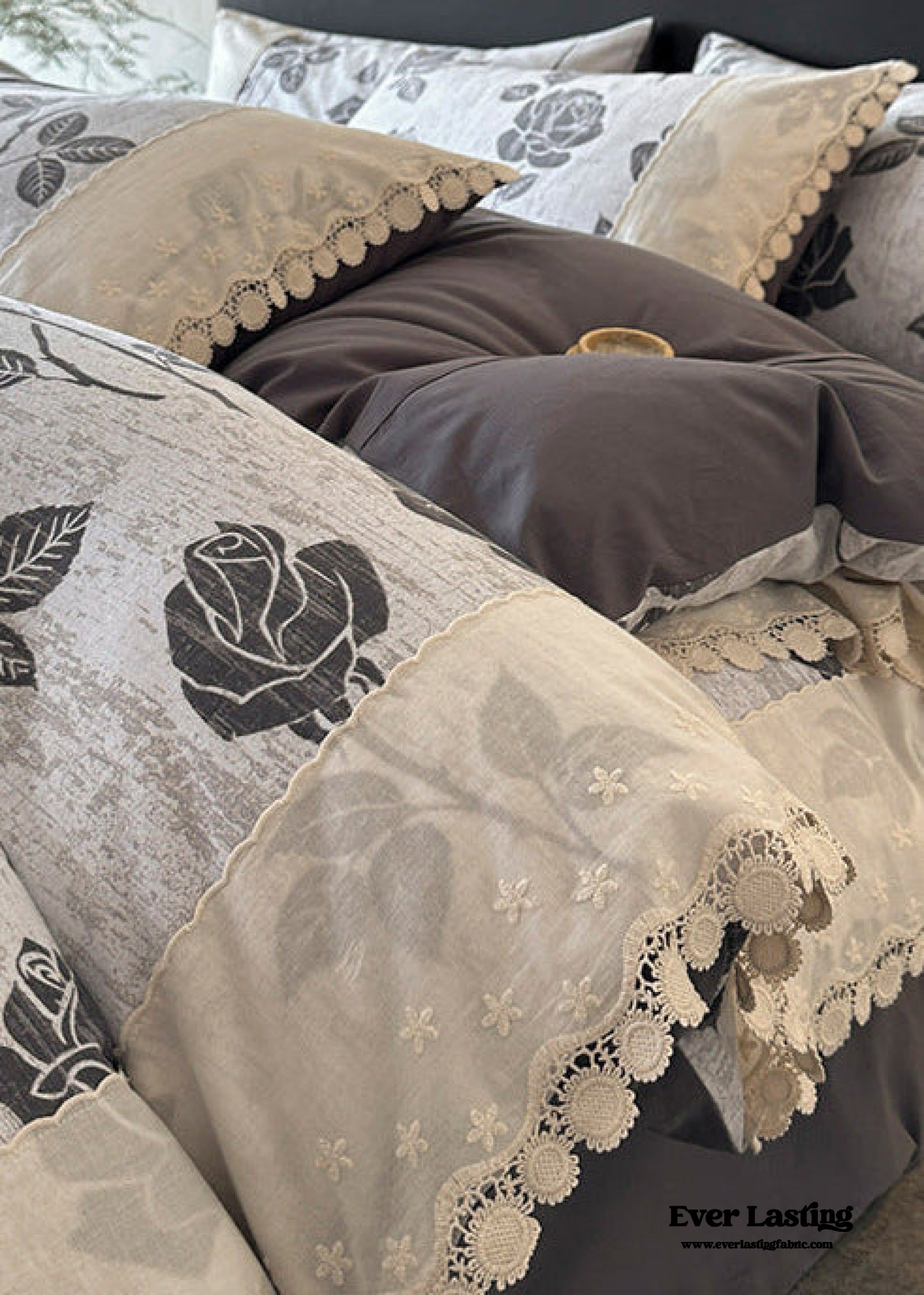  - Ever Lasting - Evie French Floral Lace Bedding Set / Gray + White - Bedding Set - Ever Lasting