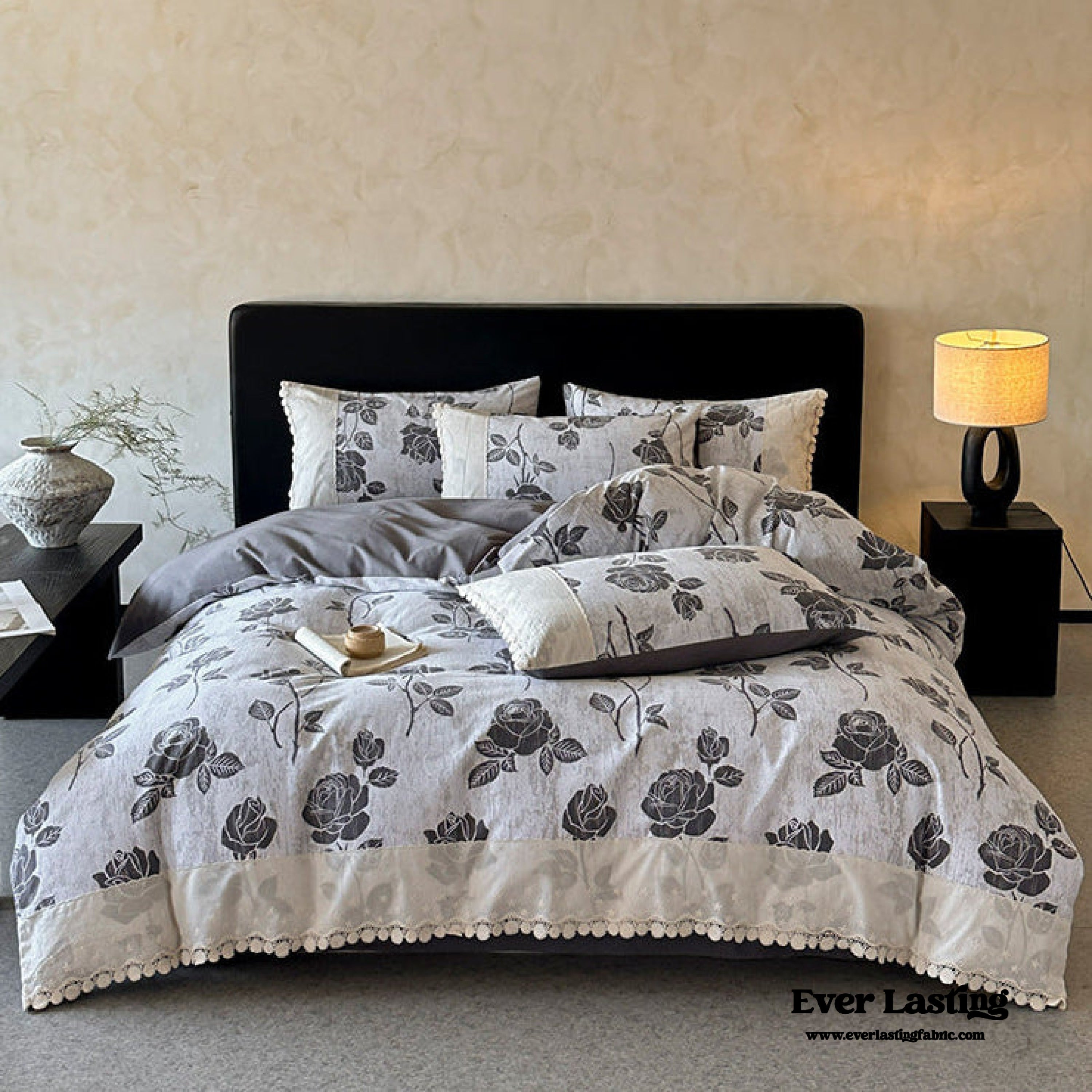  - Ever Lasting - Evie French Floral Lace Bedding Set / Gray + White - Bedding Set - Ever Lasting