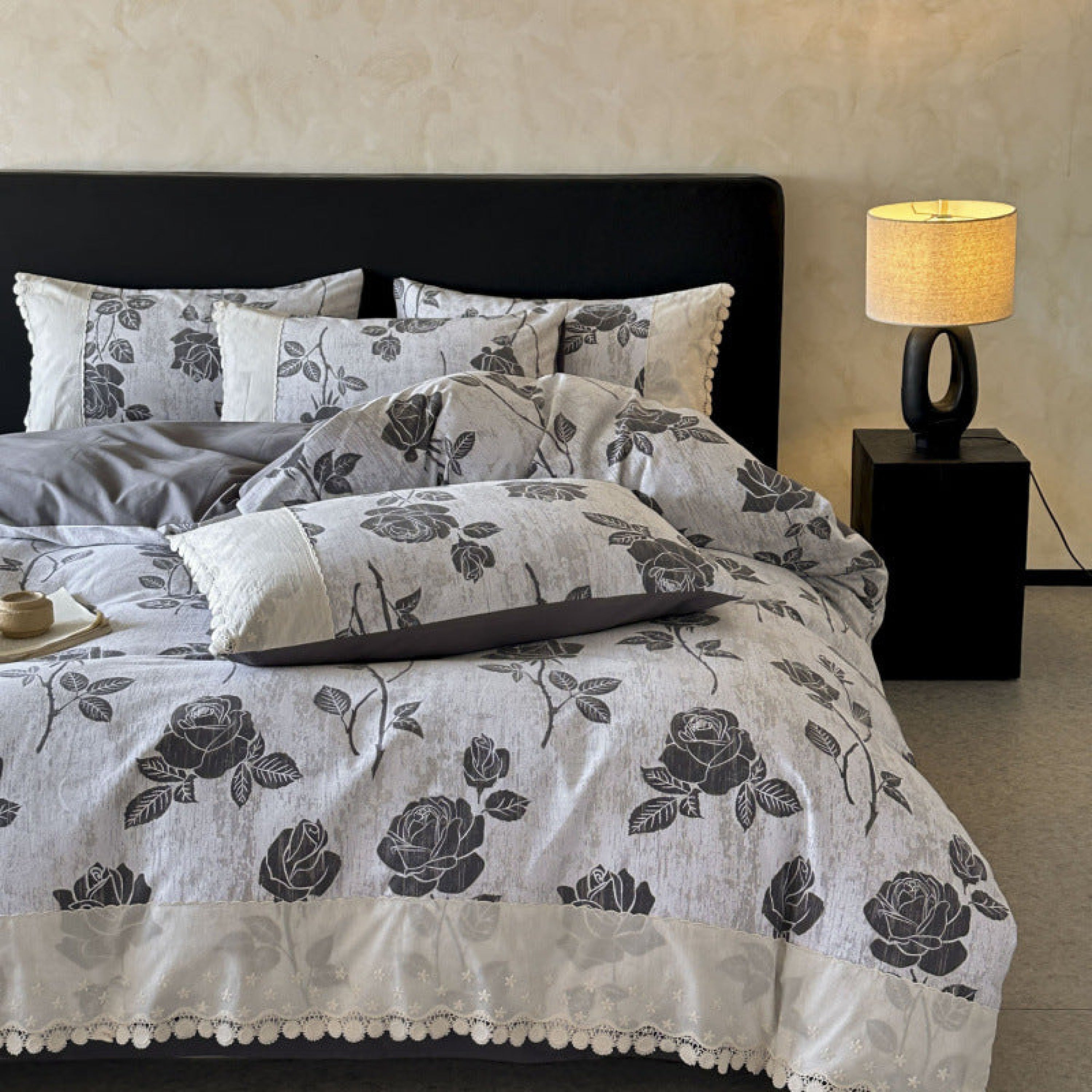  - Ever Lasting - Evie French Floral Lace Bedding Set / Gray + White - Bedding Set - Ever Lasting
