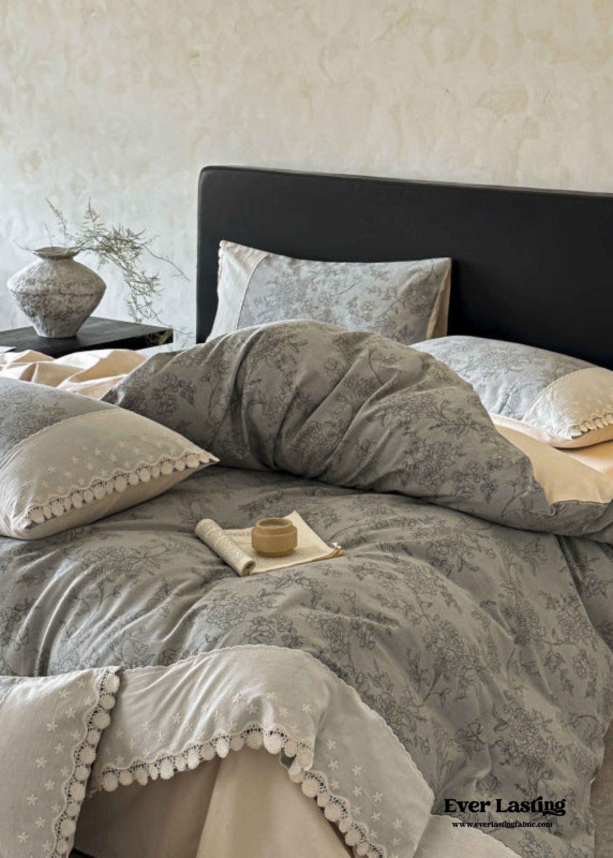  - Ever Lasting - Evie French Floral Lace Bedding Set / Gray + White - Bedding Set - Ever Lasting
