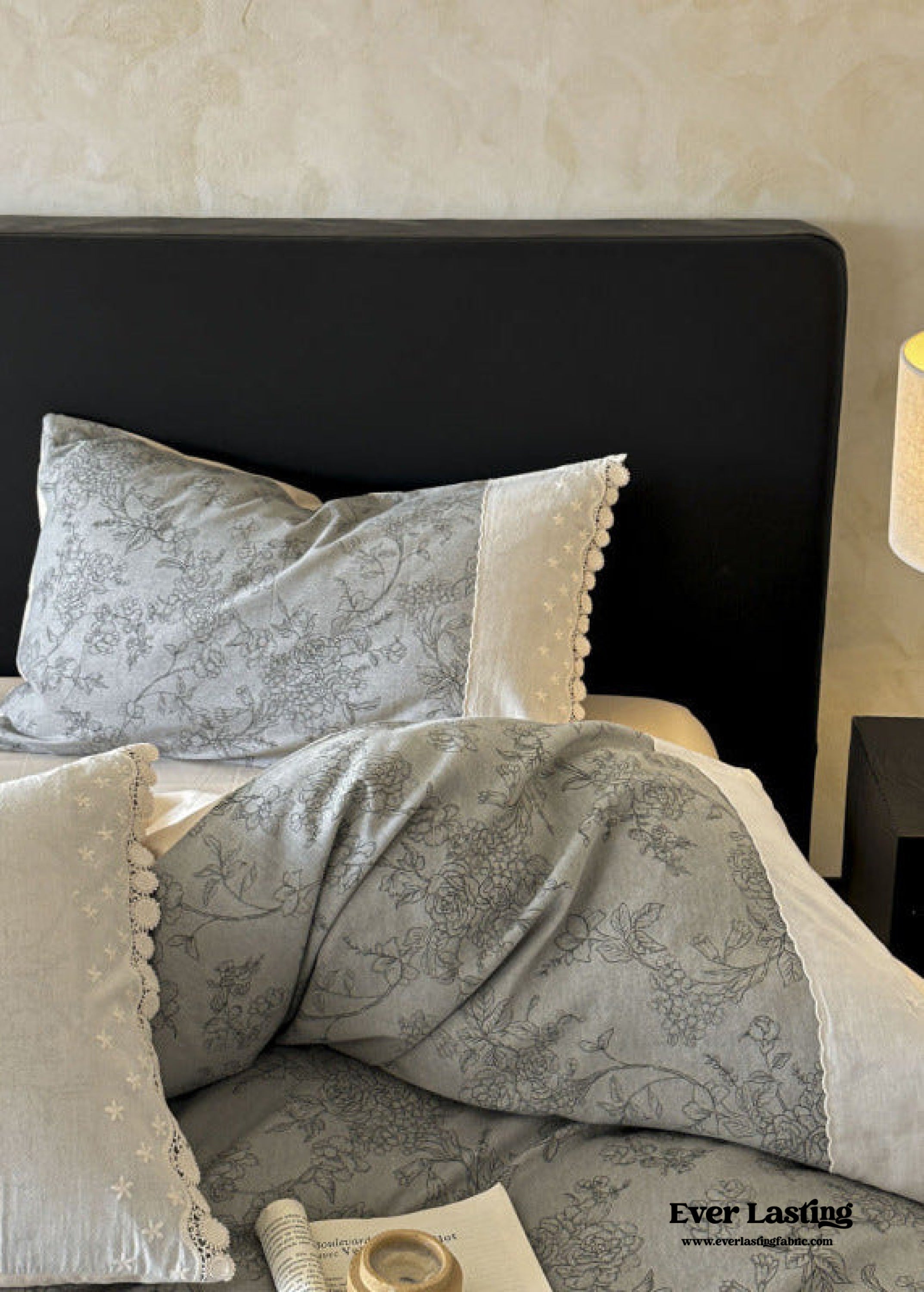  - Ever Lasting - Evie French Floral Lace Bedding Set / Gray + White - Bedding Set - Ever Lasting