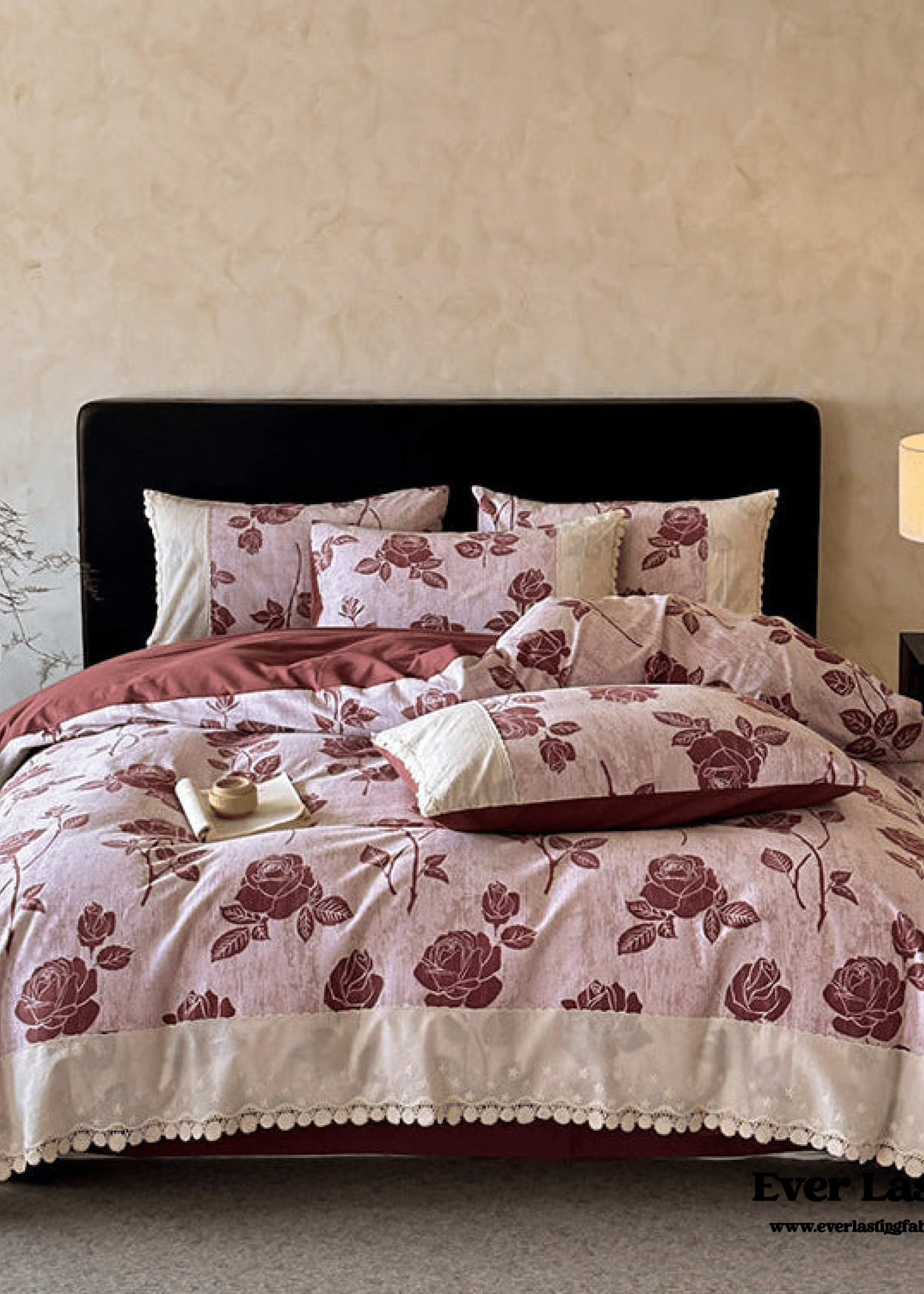  - Ever Lasting - Evie French Floral Lace Bedding Set / Red - Bedding Set - Ever Lasting
