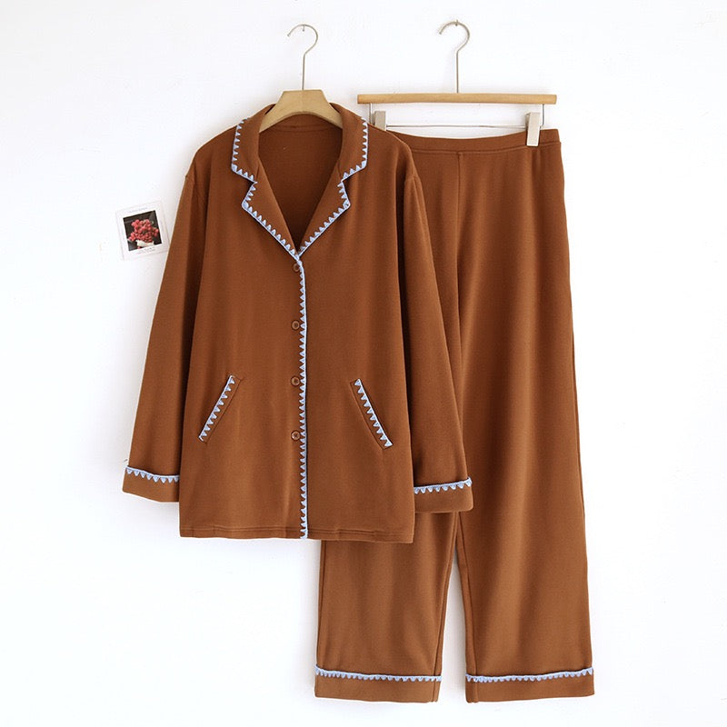 Plush Lapel Trimmed Casual Pajama Set / Brown