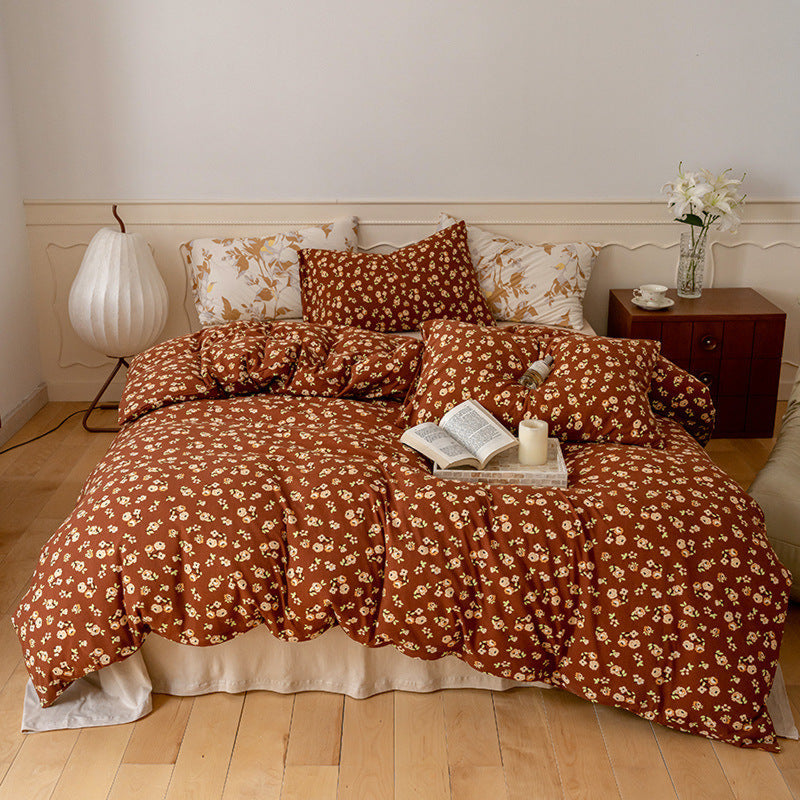 Fall Jersey Knit Floral Bedding Set / Golden Hour Brown Small Fitted