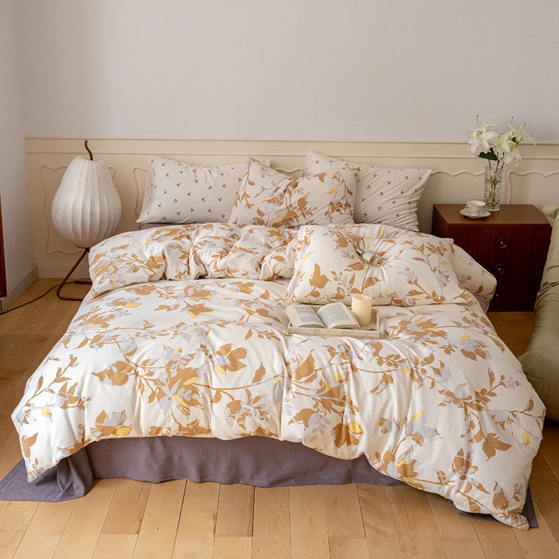 Fall Jersey Knit Floral Bedding Set / Golden Hour Gold Small Fitted