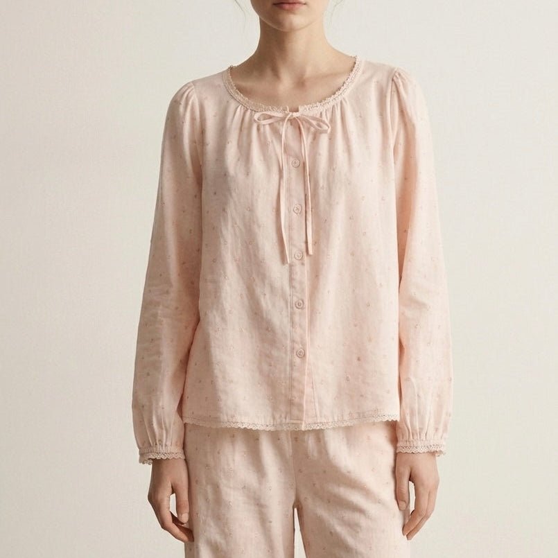  - Ever Lasting - Fallon Long - Sleeve Lace Pajama Set / Pink - Pajamas - Ever Lasting