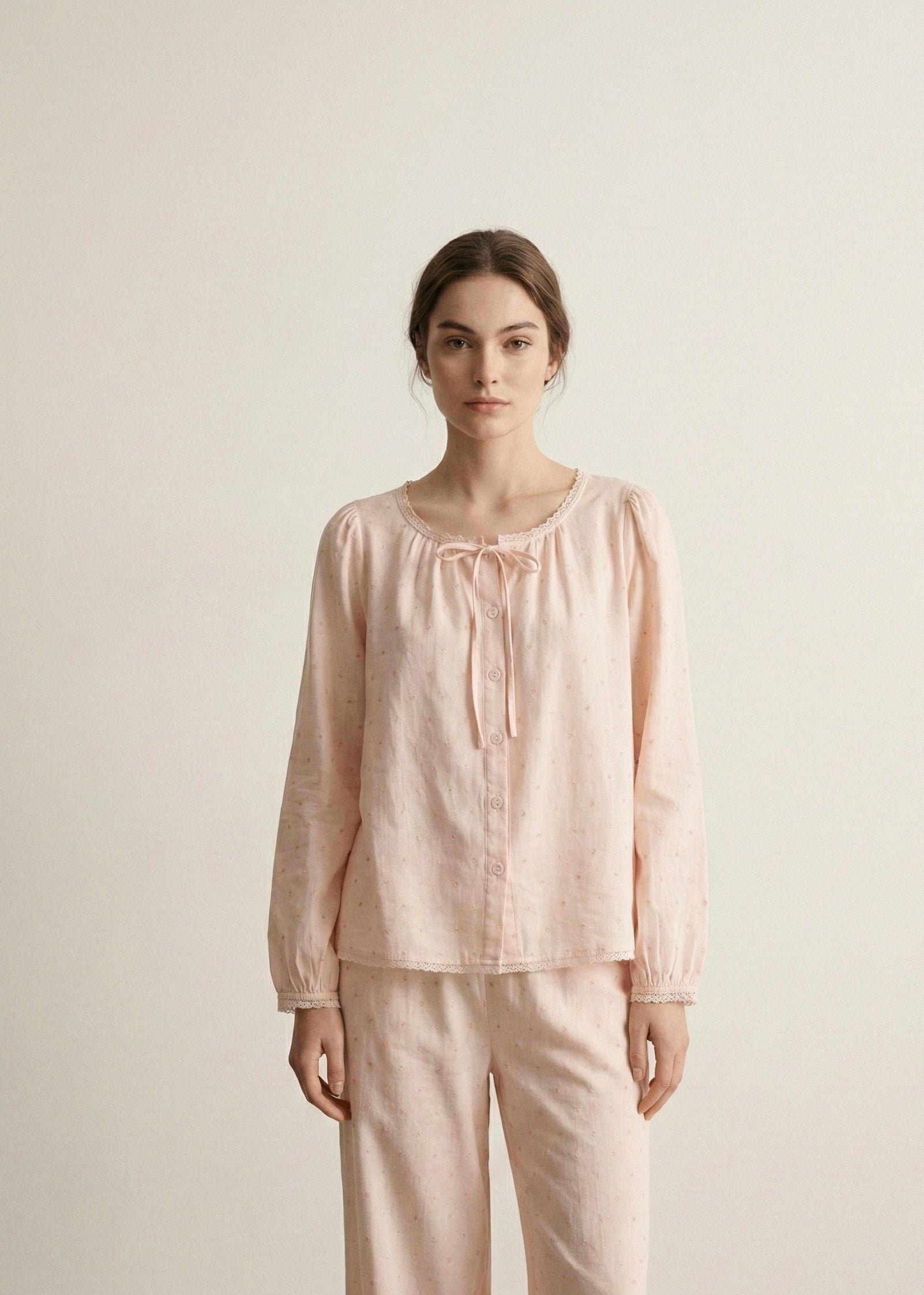  - Ever Lasting - Fallon Long - Sleeve Lace Pajama Set / Pink - Pajamas - Ever Lasting