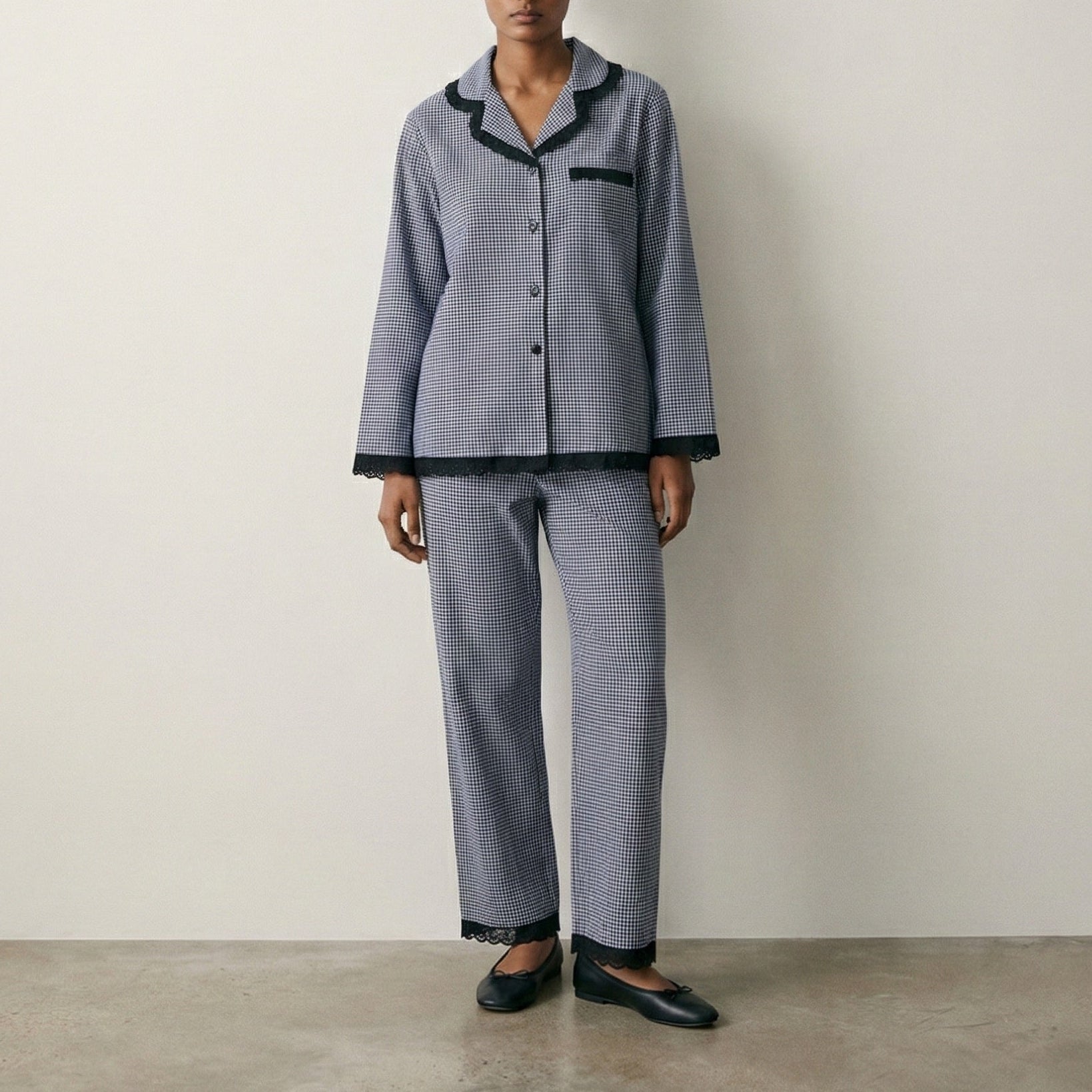  - Ever Lasting - Felicity Lace Gingham Pajama Set / Blue - Pajamas - Ever Lasting