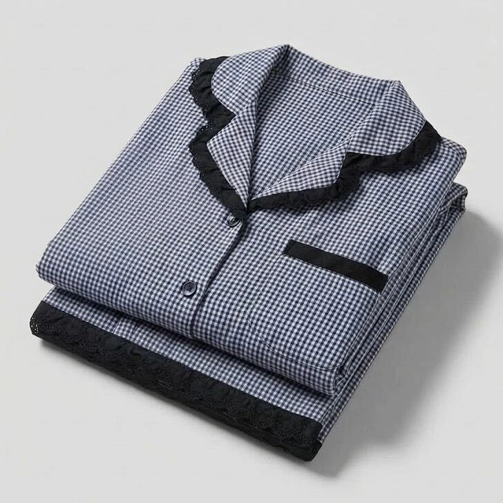  - Ever Lasting - Felicity Lace Gingham Pajama Set / Blue - Pajamas - Ever Lasting