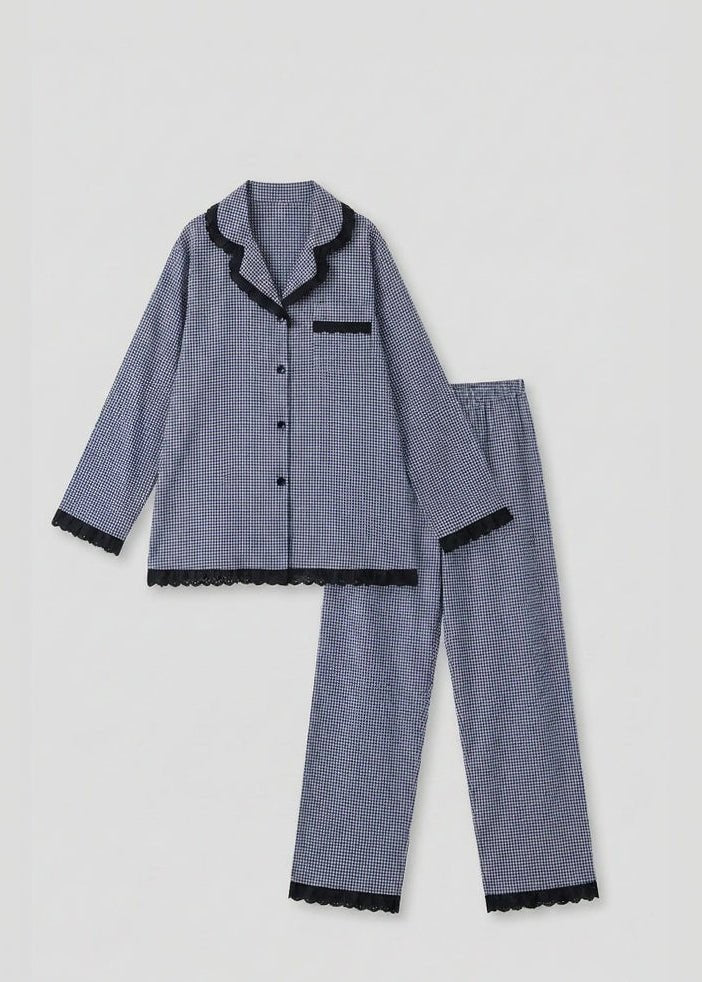  - Ever Lasting - Felicity Lace Gingham Pajama Set / Blue - Pajamas - Ever Lasting