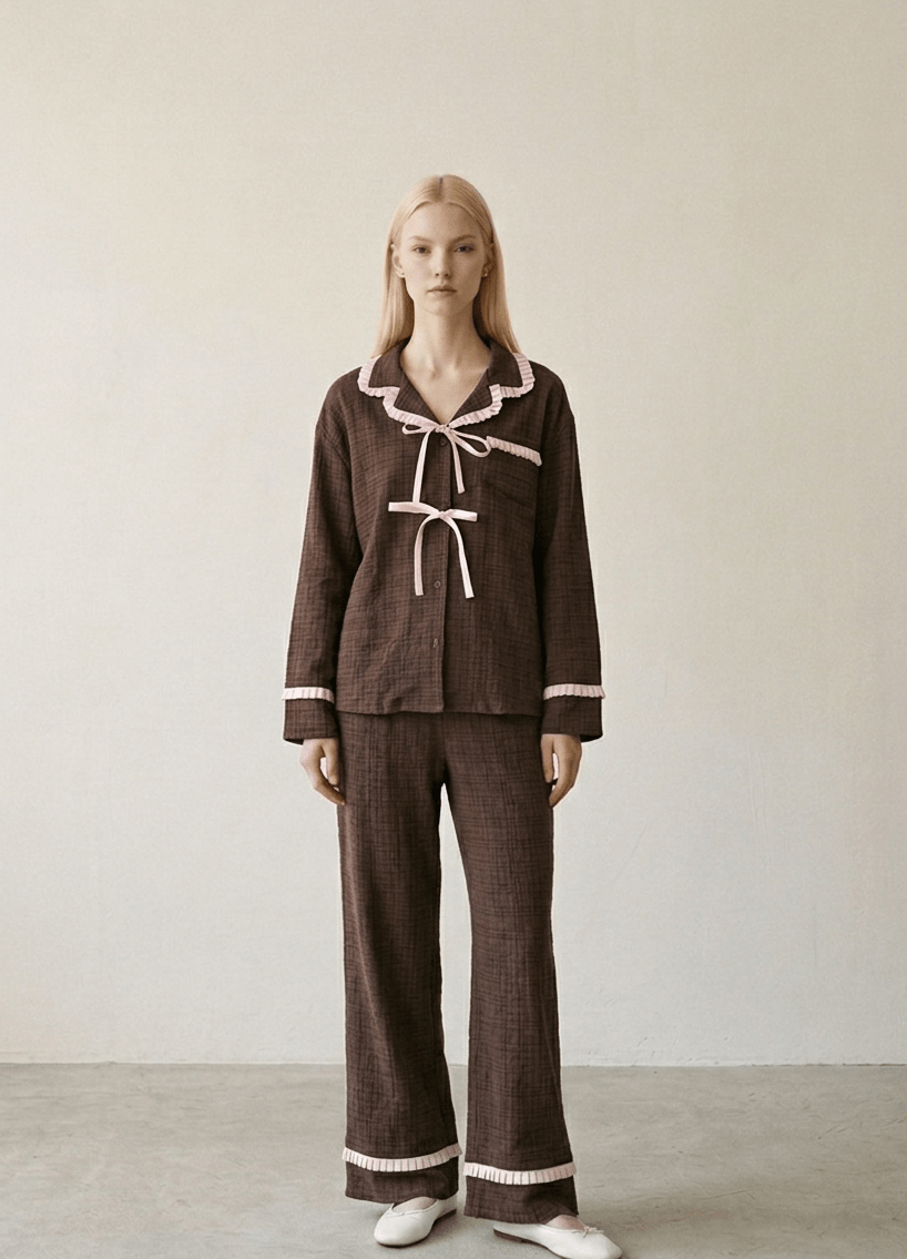 -Ever Lasting - Fiora Gingham Ruffle Lace Pajama Set / Brown -Pajamas -Ever Lasting
