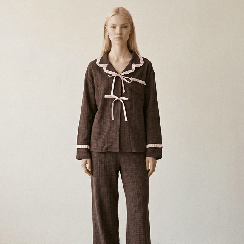 -Ever Lasting - Fiora Gingham Ruffle Lace Pajama Set / Brown -Pajamas -Ever Lasting