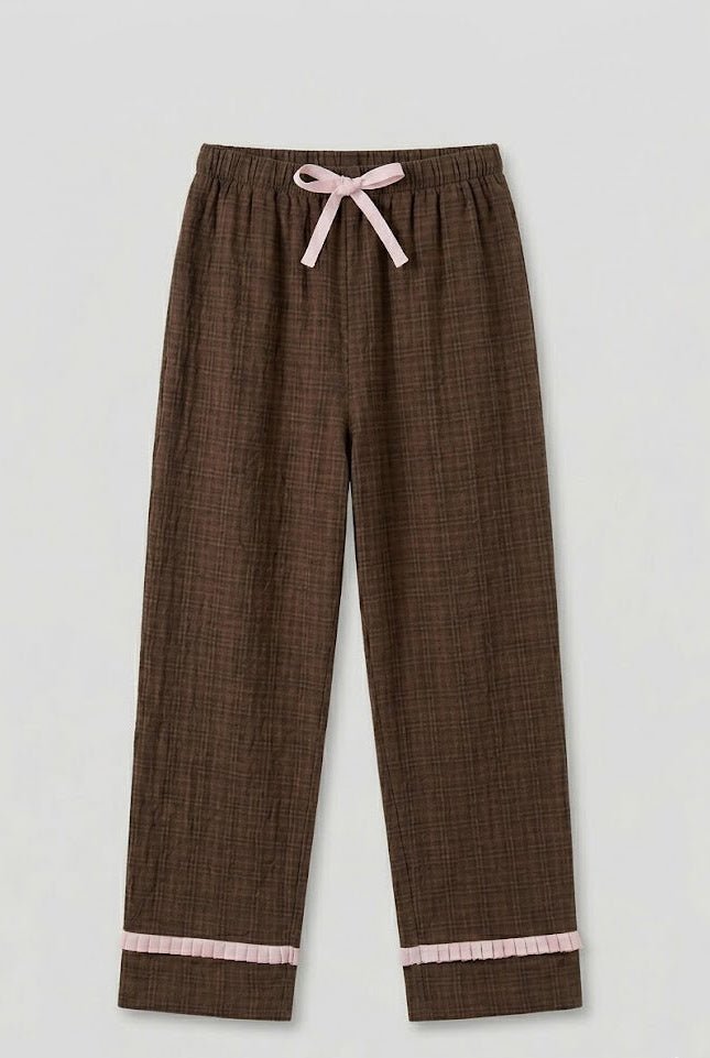 -Ever Lasting - Fiora Gingham Ruffle Lace Pajama Set / Brown -Pajamas -Ever Lasting