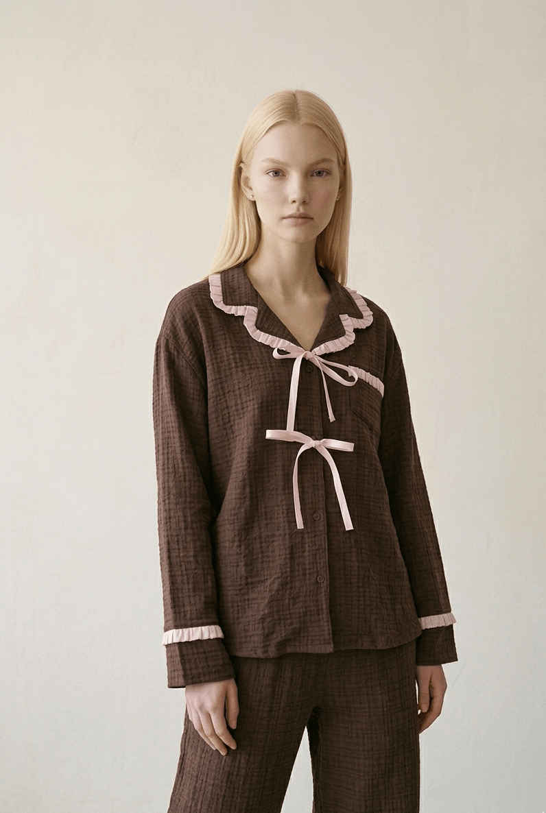 -Ever Lasting - Fiora Gingham Ruffle Lace Pajama Set / Brown -Pajamas -Ever Lasting