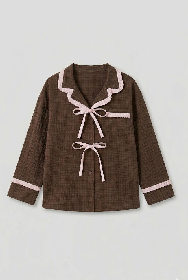 -Ever Lasting - Fiora Gingham Ruffle Lace Pajama Set / Brown -Pajamas -Ever Lasting