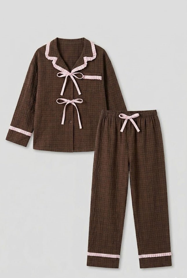 -Ever Lasting - Fiora Gingham Ruffle Lace Pajama Set / Brown -Pajamas -Ever Lasting