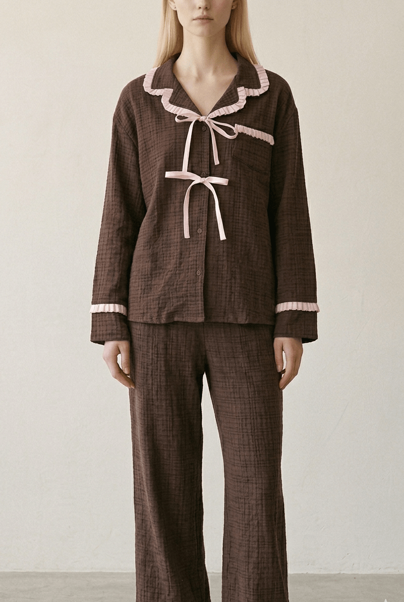 -Ever Lasting - Fiora Gingham Ruffle Lace Pajama Set / Brown -Pajamas -Ever Lasting