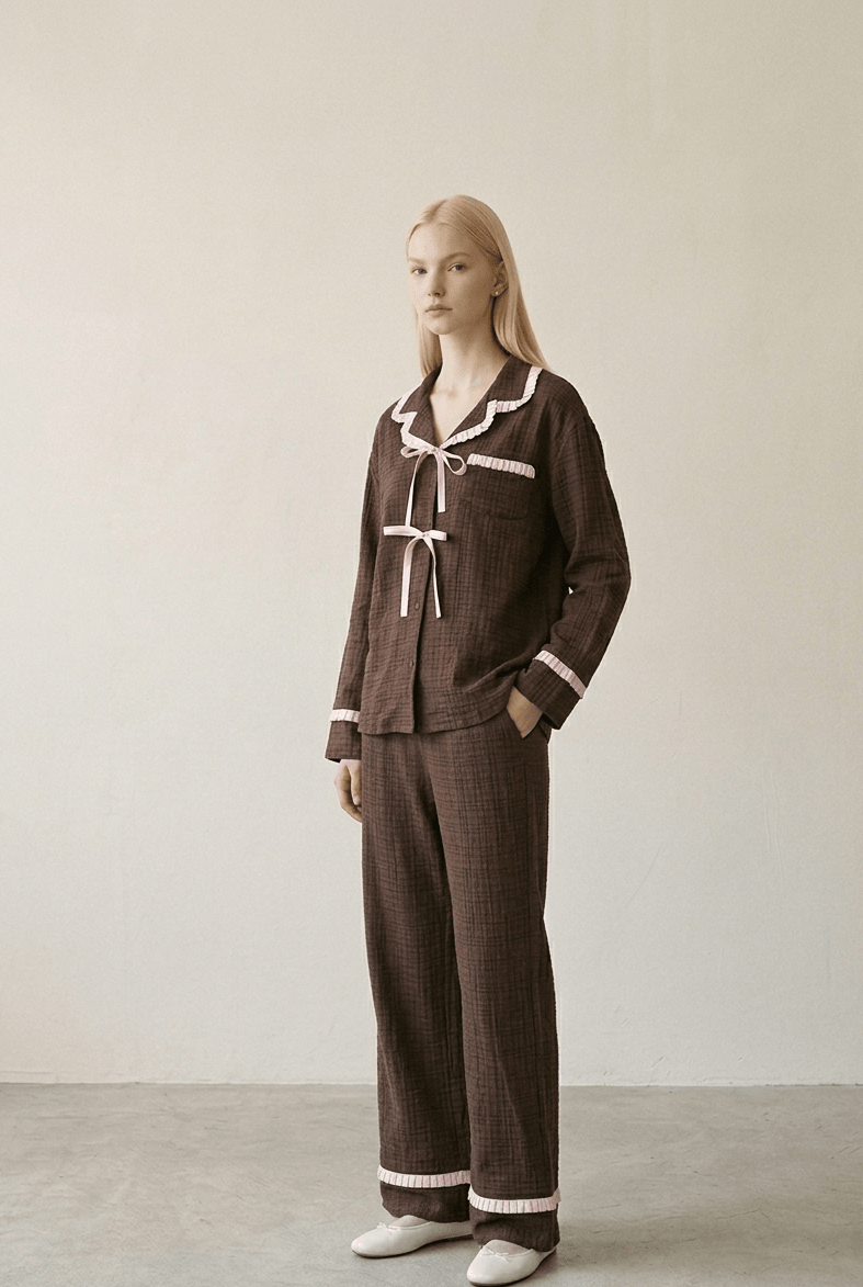 -Ever Lasting - Fiora Gingham Ruffle Lace Pajama Set / Brown -Pajamas -Ever Lasting