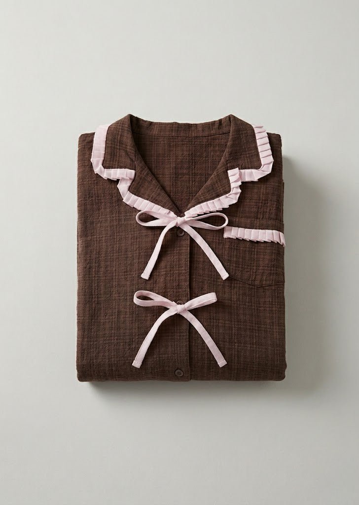 -Ever Lasting - Fiora Gingham Ruffle Lace Pajama Set / Brown -Pajamas -Ever Lasting