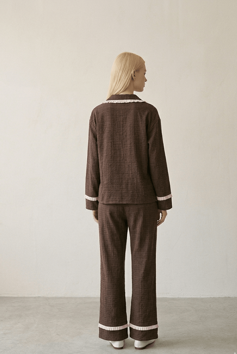 -Ever Lasting - Fiora Gingham Ruffle Lace Pajama Set / Brown -Pajamas -Ever Lasting