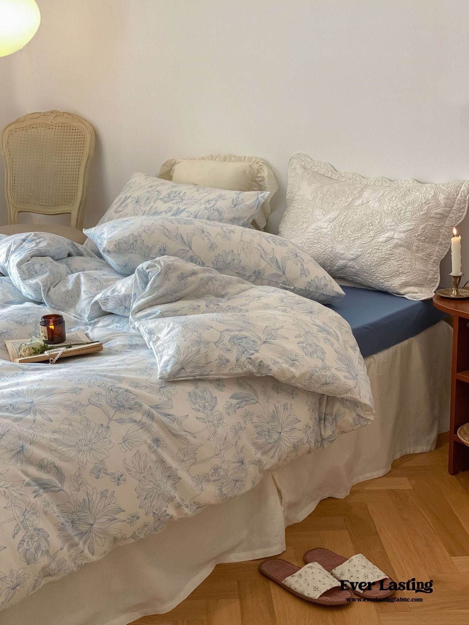 Fleur Elegant Floral Knit Cotton Bedding Set / Blue - Ever Lasting