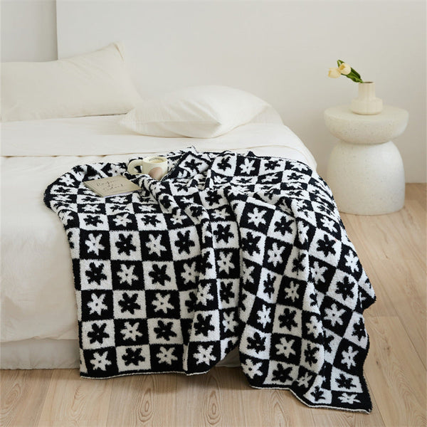 Floral Checker Blanket Black Blankets
