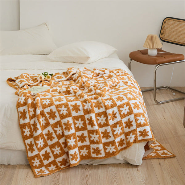 Floral Checker Blanket Orange Blankets